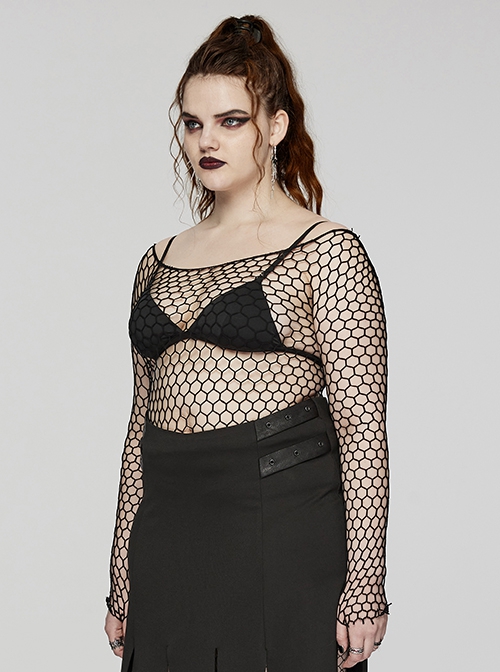 Black Sexy Hollow Elastic Diamond Mesh Punk Style Versatile Long-Sleeved T-Shirt