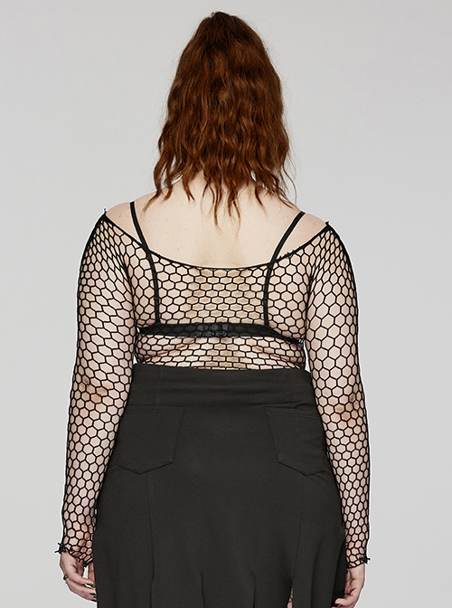 Black Sexy Hollow Elastic Diamond Mesh Punk Style Versatile Long-Sleeved T-Shirt