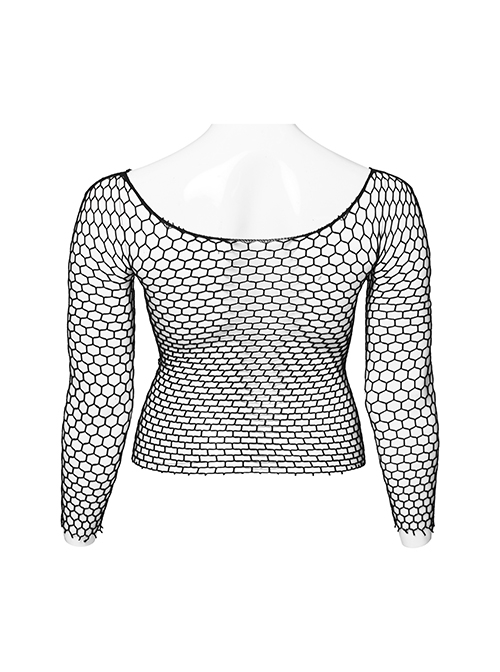 Black Sexy Hollow Elastic Diamond Mesh Punk Style Versatile Long-Sleeved T-Shirt