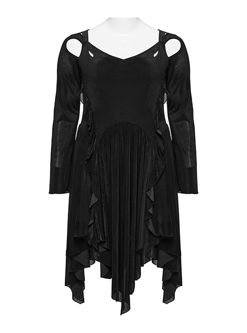 Black Elastic Flocking Side Waist Ruffles With Back Waist Tie Gothic Style Long Sleeve Off Shoulder Dress