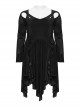 Black Elastic Flocking Side Waist Ruffles With Back Waist Tie Gothic Style Long Sleeve Off Shoulder Dress