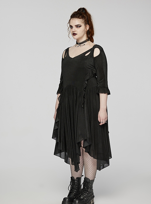 Black Elastic Flocking Side Waist Ruffles With Back Waist Tie Gothic Style Long Sleeve Off Shoulder Dress