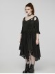 Black Elastic Flocking Side Waist Ruffles With Back Waist Tie Gothic Style Long Sleeve Off Shoulder Dress