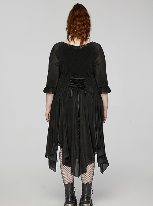 Black Elastic Flocking Side Waist Ruffles With Back Waist Tie Gothic Style Long Sleeve Off Shoulder Dress