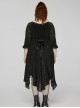 Black Elastic Flocking Side Waist Ruffles With Back Waist Tie Gothic Style Long Sleeve Off Shoulder Dress