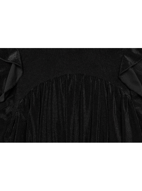Black Elastic Flocking Side Waist Ruffles With Back Waist Tie Gothic Style Long Sleeve Off Shoulder Dress