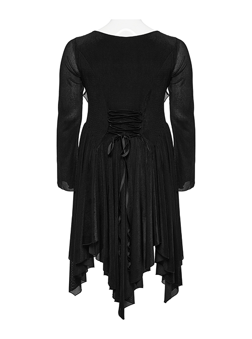 Black Elastic Flocking Side Waist Ruffles With Back Waist Tie Gothic Style Long Sleeve Off Shoulder Dress