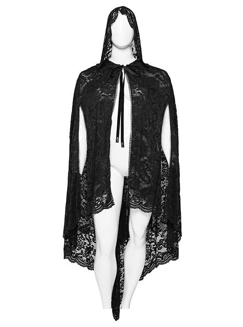 Exquisite Black Loose Elastic Pattern Mesh Fabric Front Center Velvet Tie Up Decorated Gothic Style Lace Cape