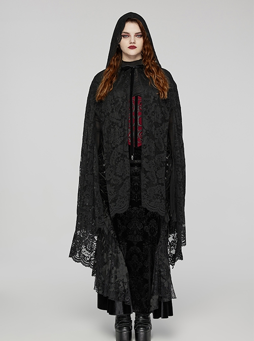 Exquisite Black Loose Elastic Pattern Mesh Fabric Front Center Velvet Tie Up Decorated Gothic Style Lace Cape