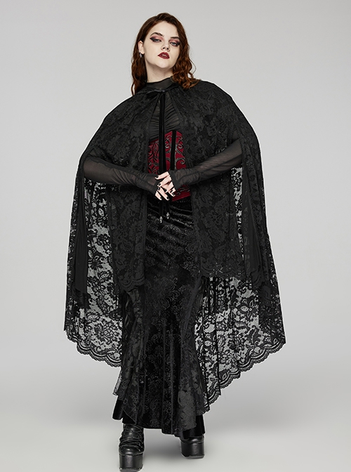 Exquisite Black Loose Elastic Pattern Mesh Fabric Front Center Velvet Tie Up Decorated Gothic Style Lace Cape