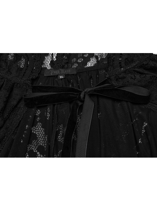 Exquisite Black Loose Elastic Pattern Mesh Fabric Front Center Velvet Tie Up Decorated Gothic Style Lace Cape