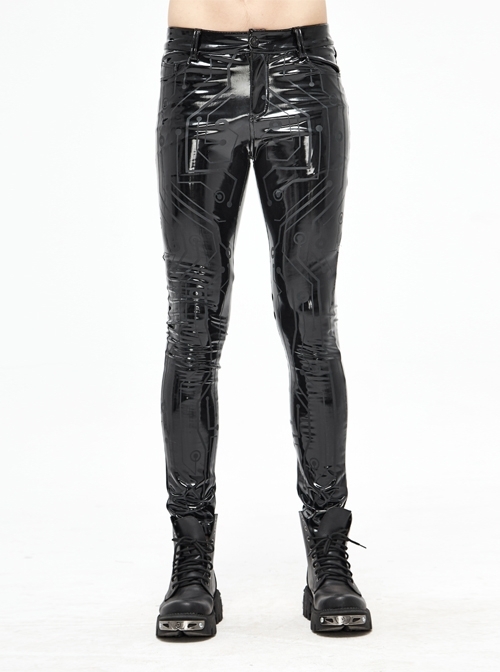 Cyber Circuit Printed Glazed Leather Black Punk Pants