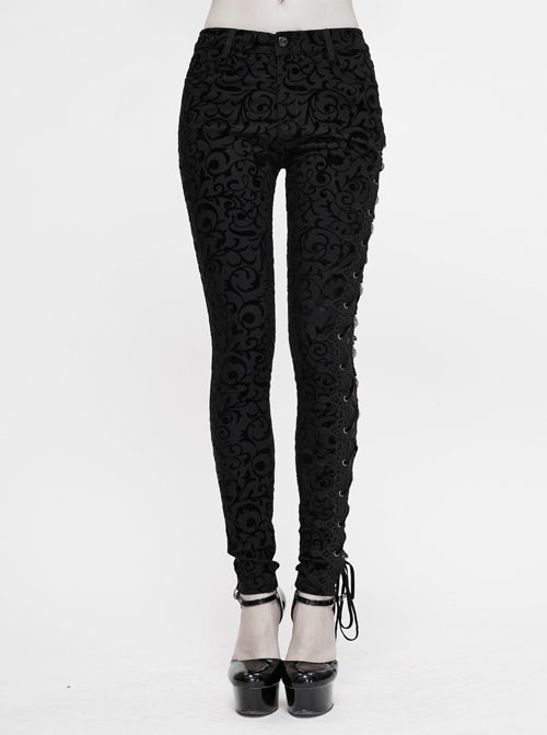 Flocking Patterned Side Lace Asymmetrical Lace-Up Black Gothic Pants