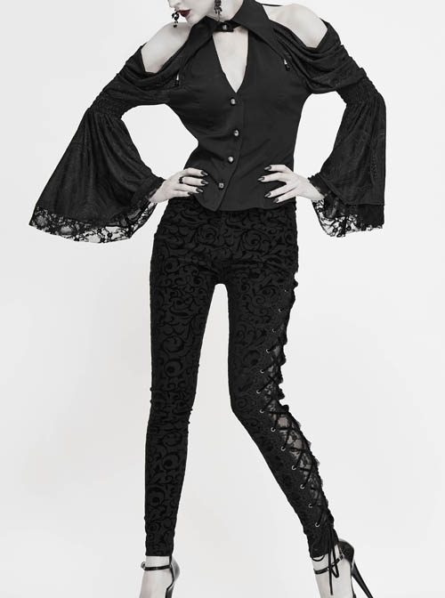 Flocking Patterned Side Lace Asymmetrical Lace-Up Black Gothic Pants