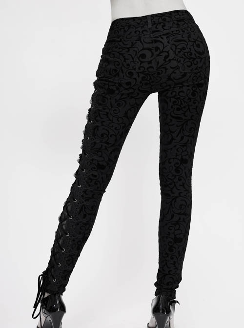 Flocking Patterned Side Lace Asymmetrical Lace-Up Black Gothic Pants