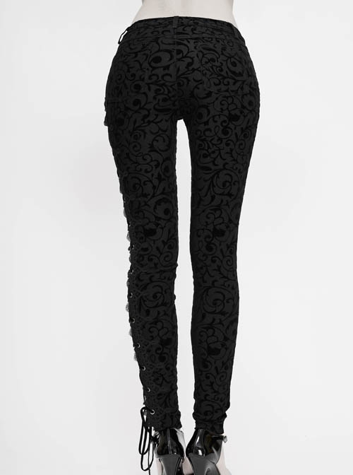Flocking Patterned Side Lace Asymmetrical Lace-Up Black Gothic Pants