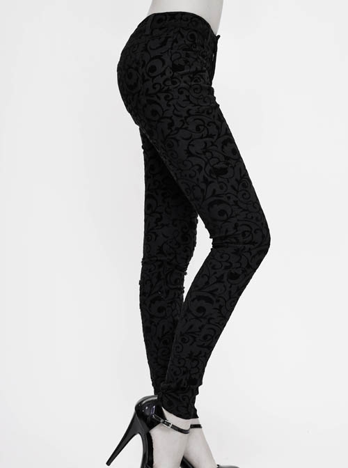 Flocking Patterned Side Lace Asymmetrical Lace-Up Black Gothic Pants