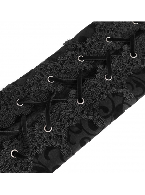 Flocking Patterned Side Lace Asymmetrical Lace-Up Black Gothic Pants