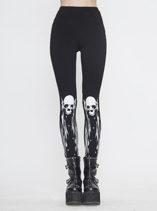 Skull-Wing Printed Black Knitted Punk Leggings Pants