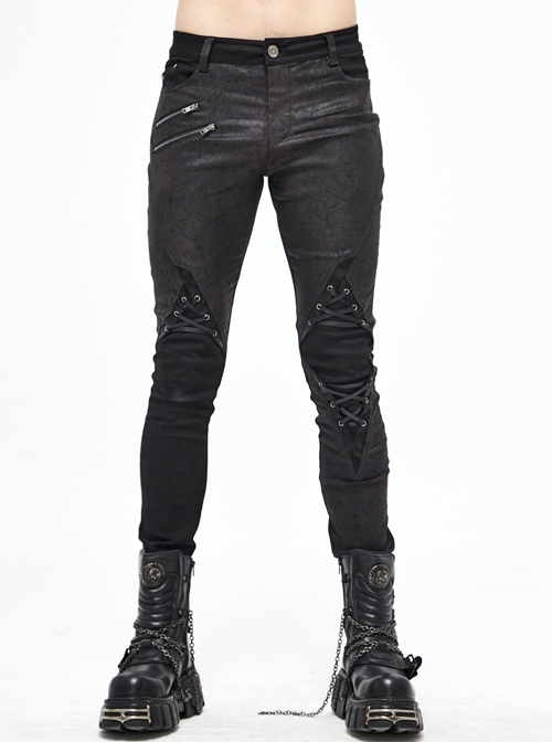 Black Twill Fake Two-Piece Knee Asymmetrical Lace-Up Punk Pants
