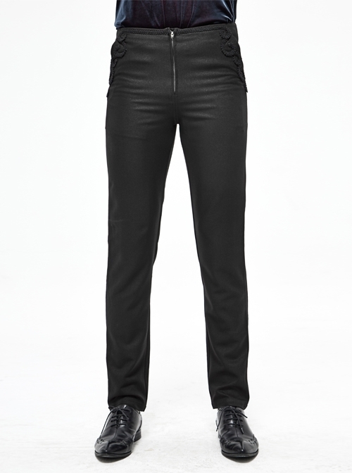 Twill Suit Material Side Pocket Floral-Shaped Webbing Black Gothic Pants