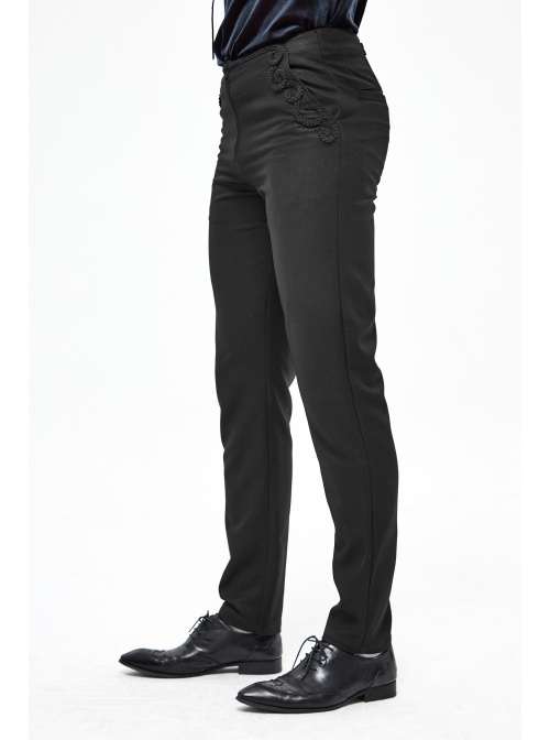 Twill Suit Material Side Pocket Floral-Shaped Webbing Black Gothic Pants