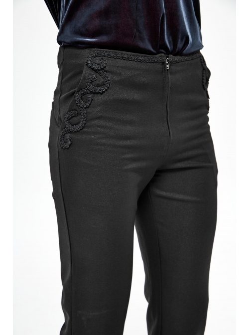 Twill Suit Material Side Pocket Floral-Shaped Webbing Black Gothic Pants