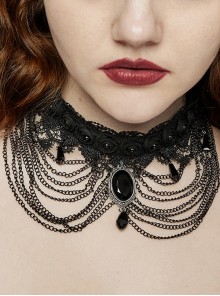 Black Exquisite Lace Overlapping Front Center Carved Gemstone Pendant Decoration Gothic Style Dual Purpose Necklace