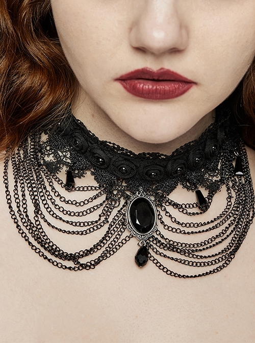 Black Exquisite Lace Overlapping Front Center Carved Gemstone Pendant Decoration Gothic Style Dual Purpose Necklace