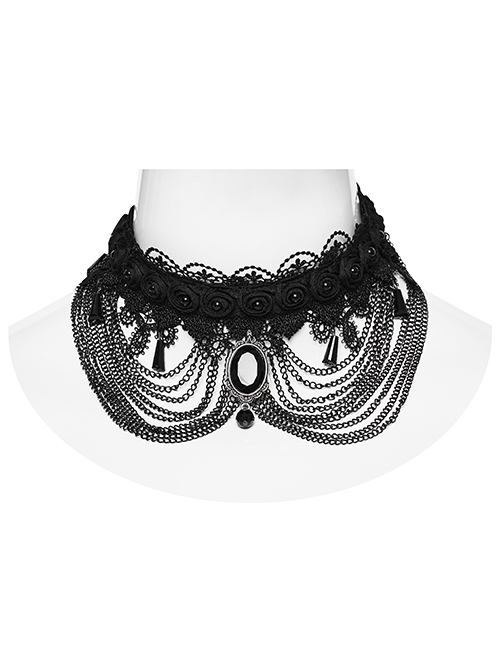 Black Exquisite Lace Overlapping Front Center Carved Gemstone Pendant Decoration Gothic Style Dual Purpose Necklace
