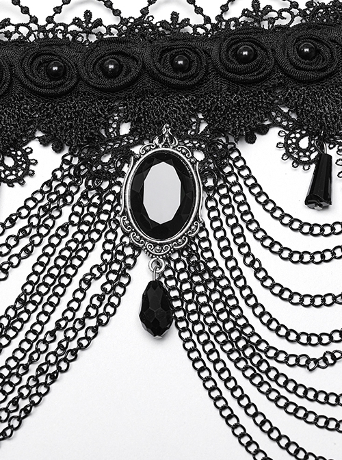Black Exquisite Lace Overlapping Front Center Carved Gemstone Pendant Decoration Gothic Style Dual Purpose Necklace
