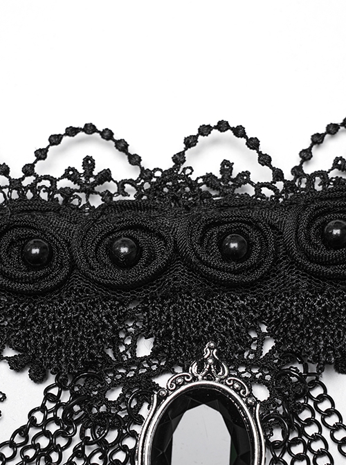 Black Exquisite Lace Overlapping Front Center Carved Gemstone Pendant Decoration Gothic Style Dual Purpose Necklace
