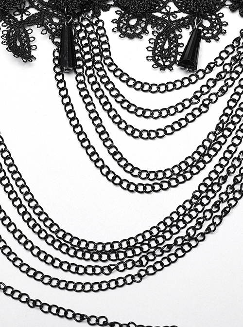Black Exquisite Lace Overlapping Front Center Carved Gemstone Pendant Decoration Gothic Style Dual Purpose Necklace