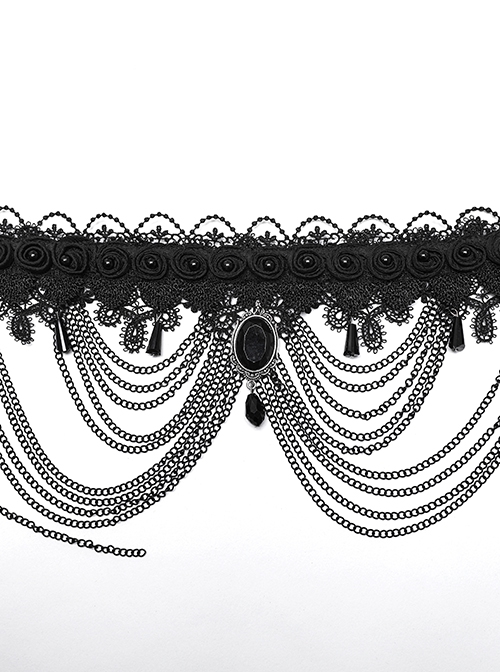 Black Exquisite Lace Overlapping Front Center Carved Gemstone Pendant Decoration Gothic Style Dual Purpose Necklace