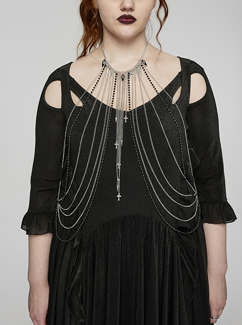 Black And Silver Skull Spike Pendant Extended Metal Chain And Cross Embellished Punk Tassel Chest Chain