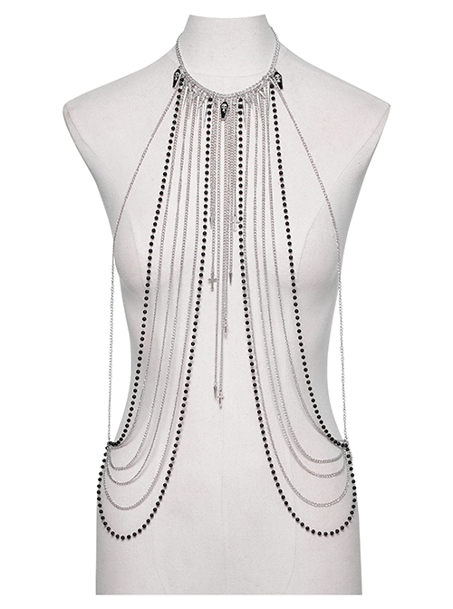 Black And Silver Skull Spike Pendant Extended Metal Chain And Cross Embellished Punk Tassel Chest Chain