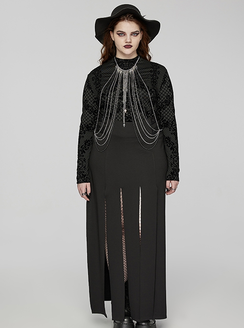 Black And Silver Skull Spike Pendant Extended Metal Chain And Cross Embellished Punk Tassel Chest Chain