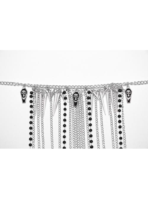 Black And Silver Skull Spike Pendant Extended Metal Chain And Cross Embellished Punk Tassel Chest Chain