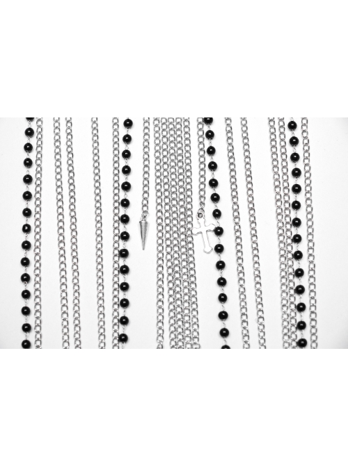 Black And Silver Skull Spike Pendant Extended Metal Chain And Cross Embellished Punk Tassel Chest Chain