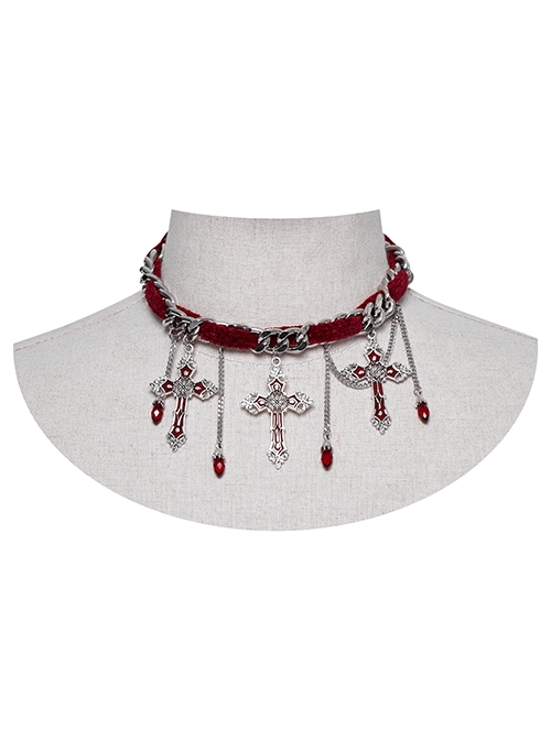 Vintage Red And Silver Metal Chain Cross With Velvet Ribbon Exquisite Gothic Style Exquisite Tassel Necklace