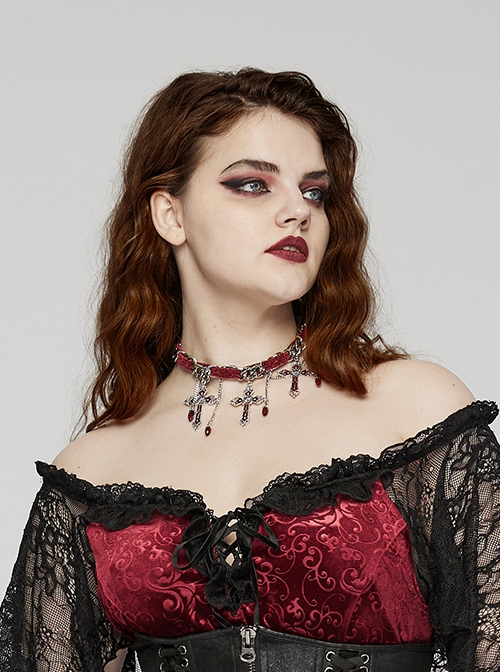 Vintage Red And Silver Metal Chain Cross With Velvet Ribbon Exquisite Gothic Style Exquisite Tassel Necklace