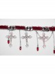 Vintage Red And Silver Metal Chain Cross With Velvet Ribbon Exquisite Gothic Style Exquisite Tassel Necklace