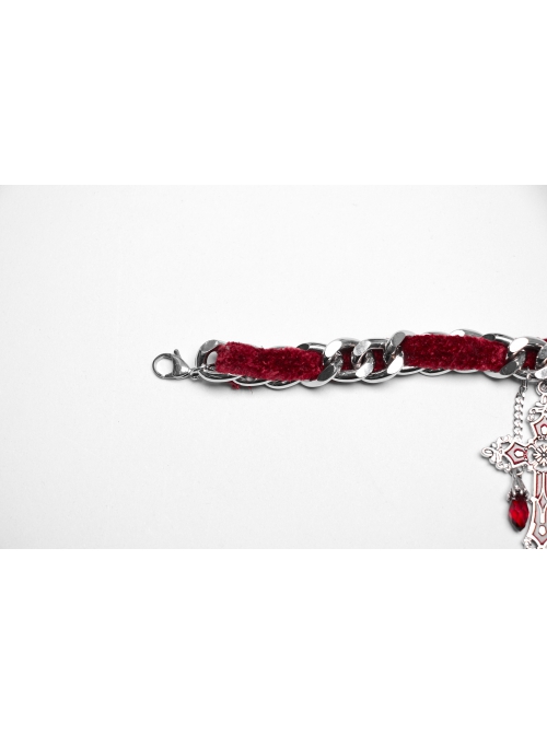 Vintage Red And Silver Metal Chain Cross With Velvet Ribbon Exquisite Gothic Style Exquisite Tassel Necklace