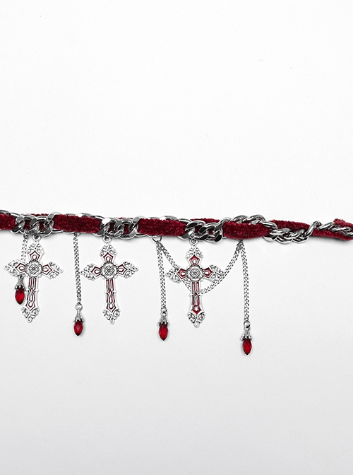 Vintage Red And Silver Metal Chain Cross With Velvet Ribbon Exquisite Gothic Style Exquisite Tassel Necklace