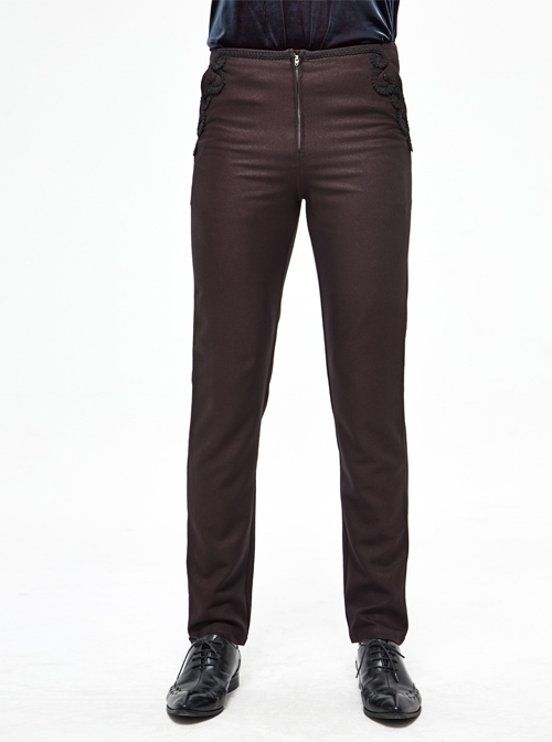 Twill Suit Material Side Pocket Floral-Shaped Webbing Brown Gothic Pants