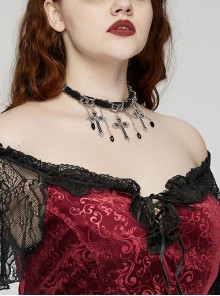 Vintage Black And Silver Metal Chain Cross With Velvet Ribbon Exquisite Gothic Style Exquisite Tassel Necklace