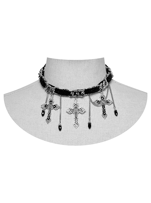 Vintage Black And Silver Metal Chain Cross With Velvet Ribbon Exquisite Gothic Style Exquisite Tassel Necklace