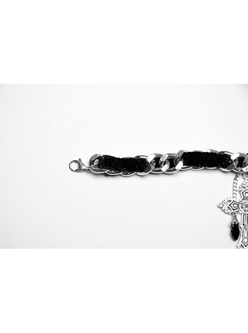 Vintage Black And Silver Metal Chain Cross With Velvet Ribbon Exquisite Gothic Style Exquisite Tassel Necklace