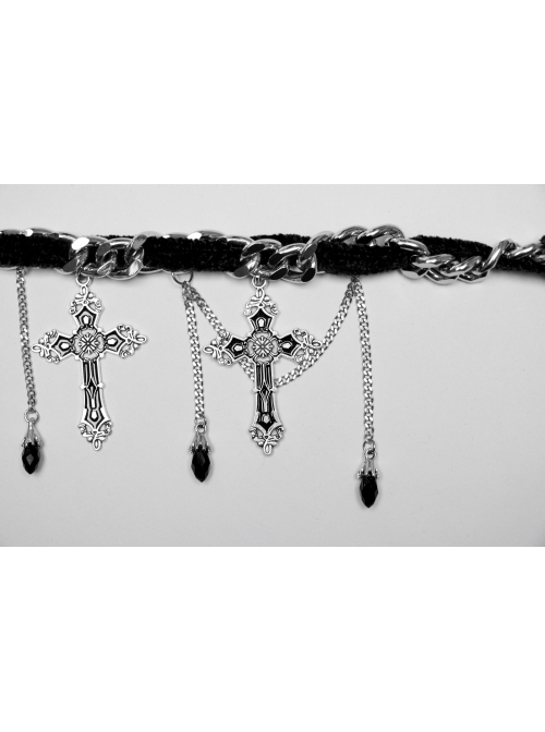 Vintage Black And Silver Metal Chain Cross With Velvet Ribbon Exquisite Gothic Style Exquisite Tassel Necklace