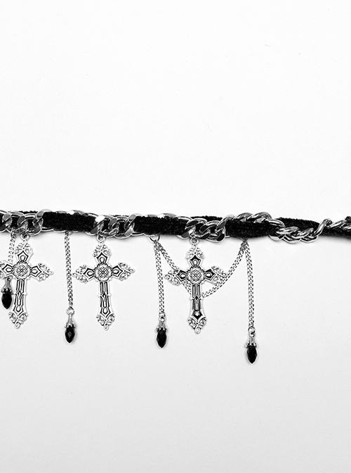 Vintage Black And Silver Metal Chain Cross With Velvet Ribbon Exquisite Gothic Style Exquisite Tassel Necklace